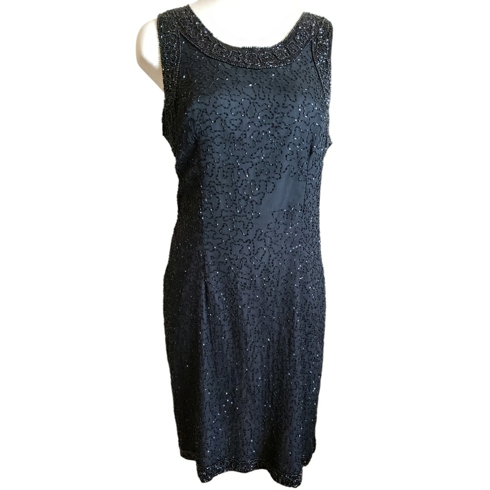 Vintage Laurence Kazar NY Dress Womens PL Sequin Embellished Silk Zippered Gala